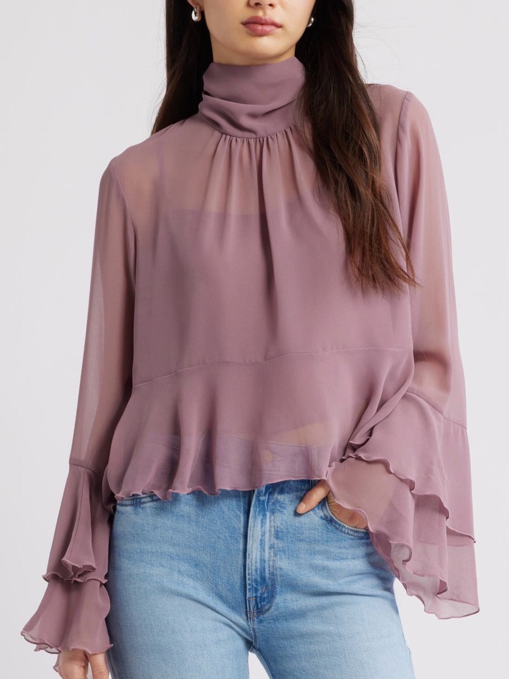 High neck chiffon top with ruffle trim